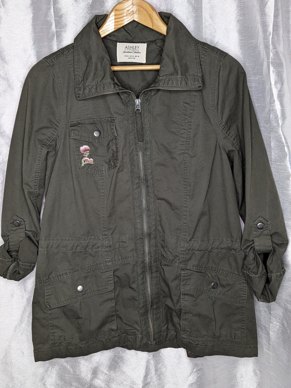 Ashley Hamilton Collection Women's Olive Utility Jacket Floral Embroidered M